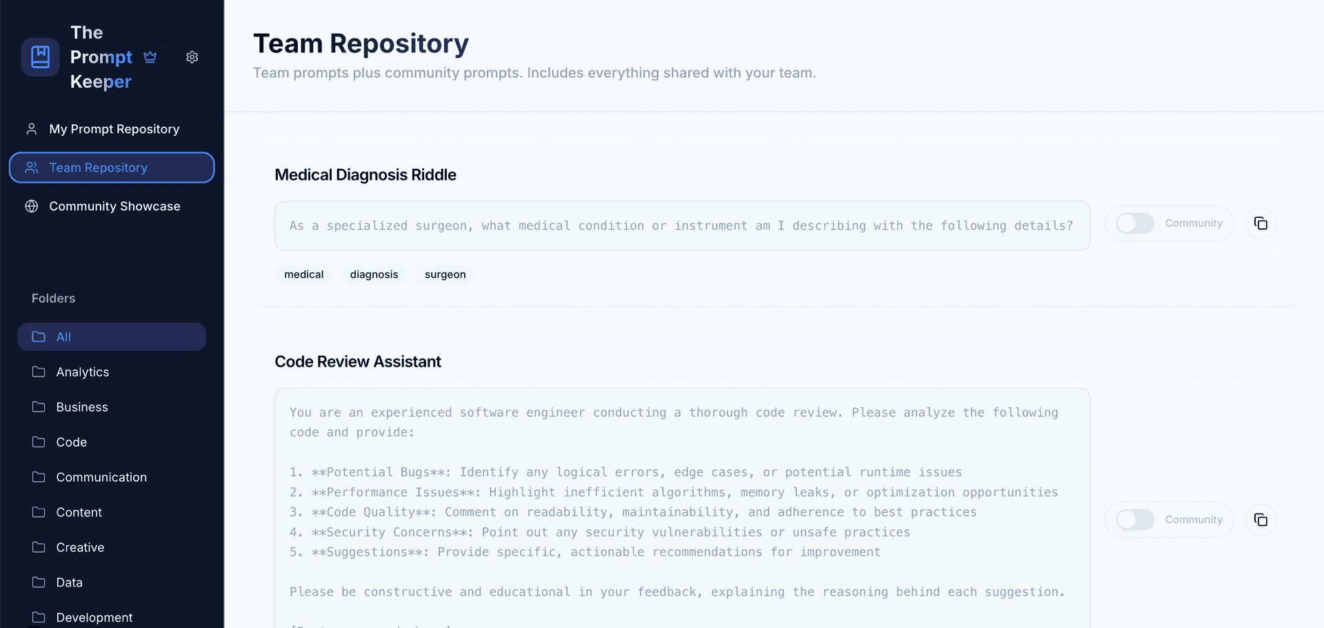 AI Prompt Manager Interface - Organize ChatGPT and Claude prompts with team collaboration