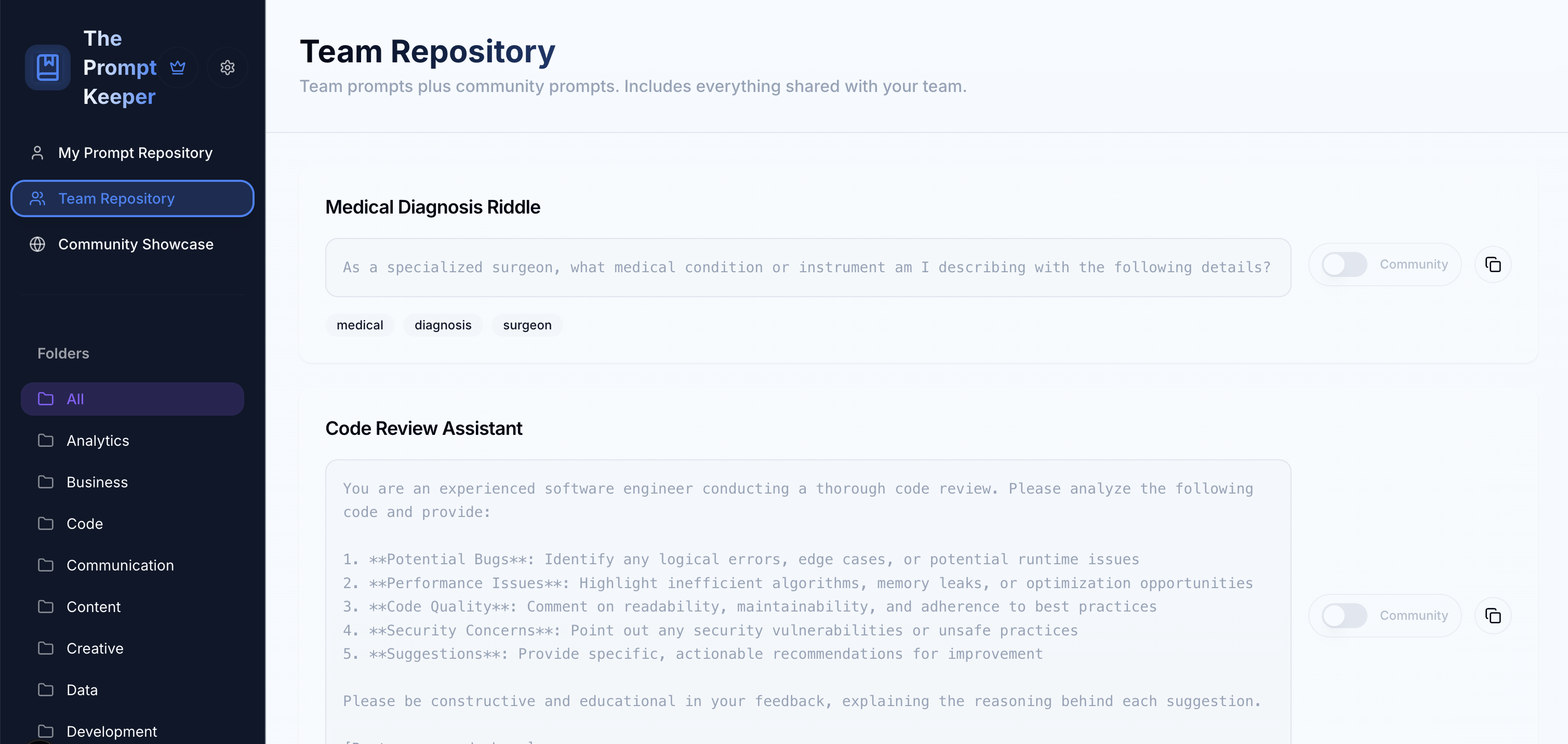 AI Prompt Manager Interface - Organize ChatGPT and Claude prompts with team collaboration